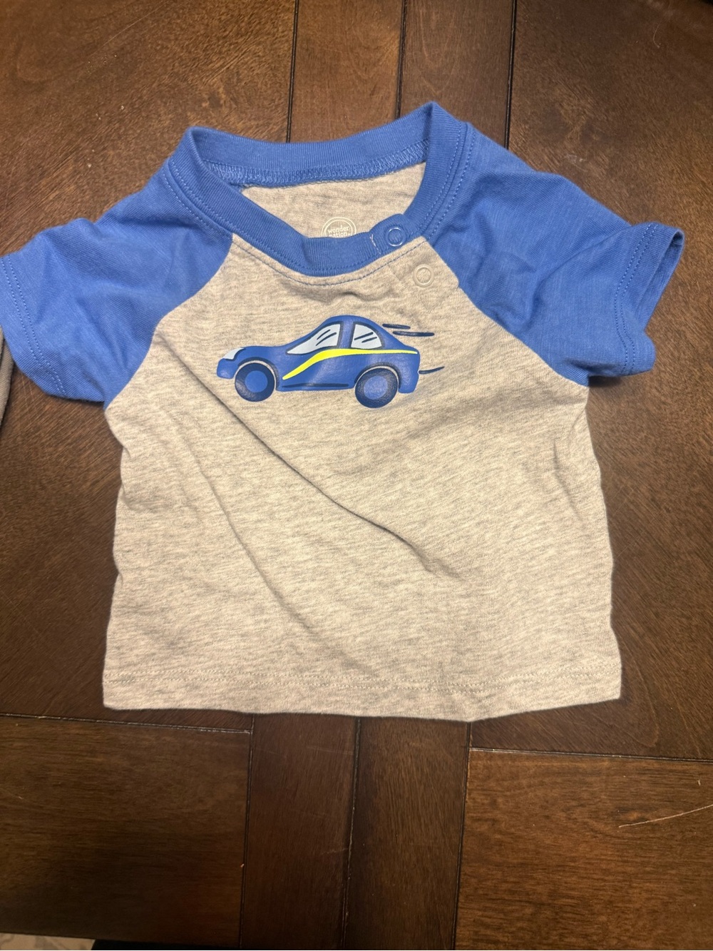 wonder nation Gray Tee with Blue Raglan Sleeves and Car Graphic
